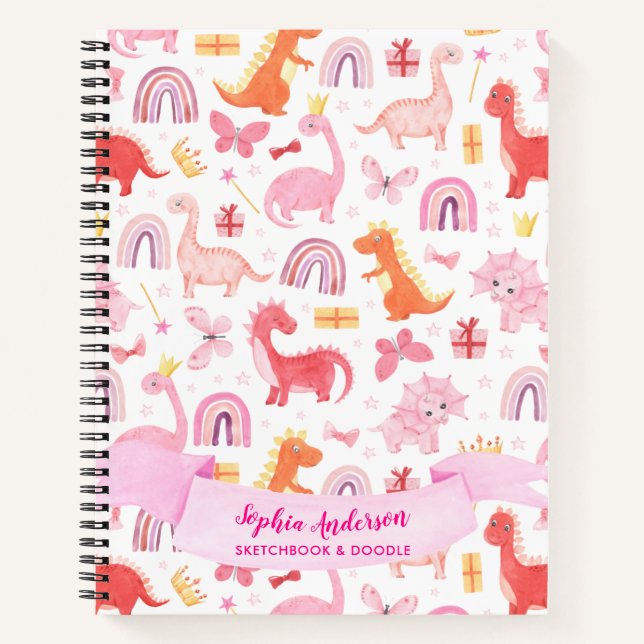 Carnet Fille rose mignon Dino Dinosaur Nom personnalisé (Devant)