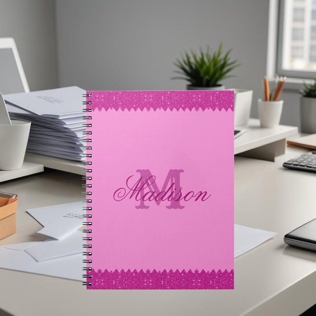 Carnet Fille rose parties scintillant zigzag, monogramme (Créateur téléchargé)