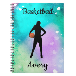 Carnet Filles Basketball Aquarelle avec Coeurs flottants