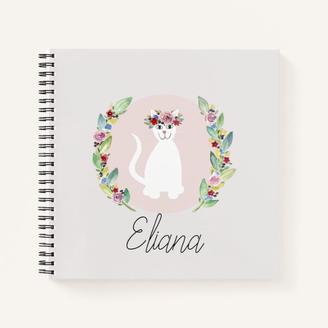 Carnet Filles mignonne Chat blanc avec fleurs et nom (Devant)