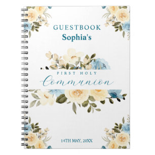 Carnet First Holy Communion Ivory Blue Flowers Guest Book