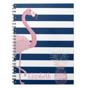 Carnet Flamant rose, Ananas Rayures Bleu Marine - Personn
