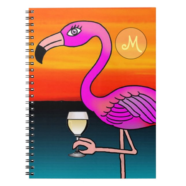 Carnet Flamant rose buvant du vin monogrammé (Devant)