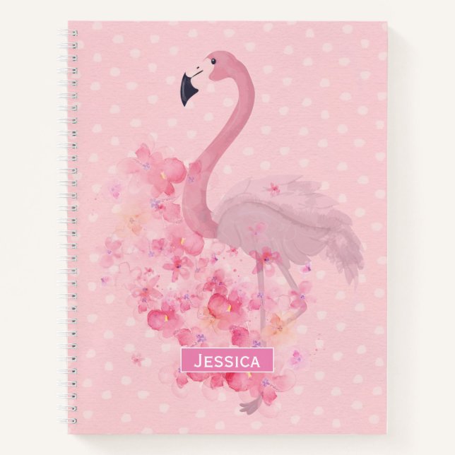 Carnet Flamant rose d'aquarelle rose Floral et points nom (Devant)