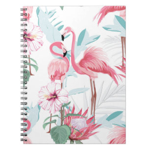 Carnet flamant rose et fleurs exotiques, feuilles de palm