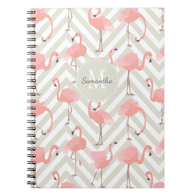 Carnet Flamant rose et Motif Chevrons avec votre Monogram (Devant)