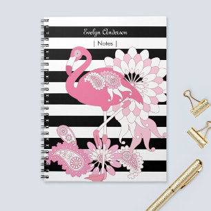 Carnet Flamant Rose Fantaisiste Rayures Noires et Blanche