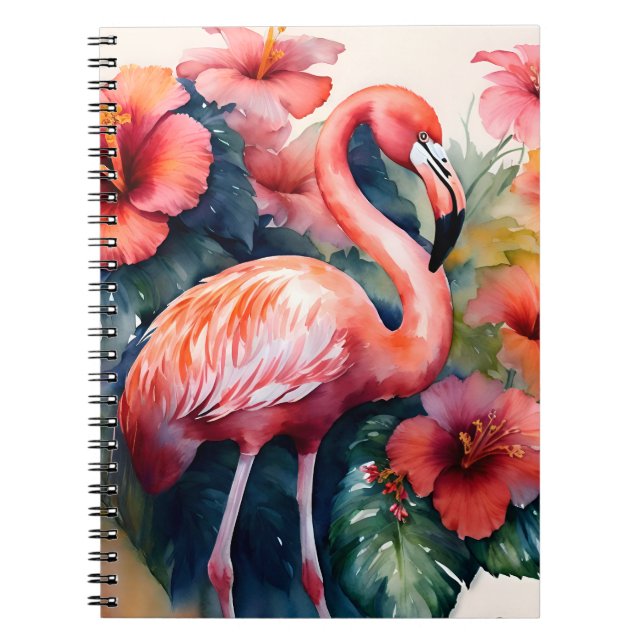 Carnet Flamant rose Hibiscus Aquarelle Art tropical (Devant)