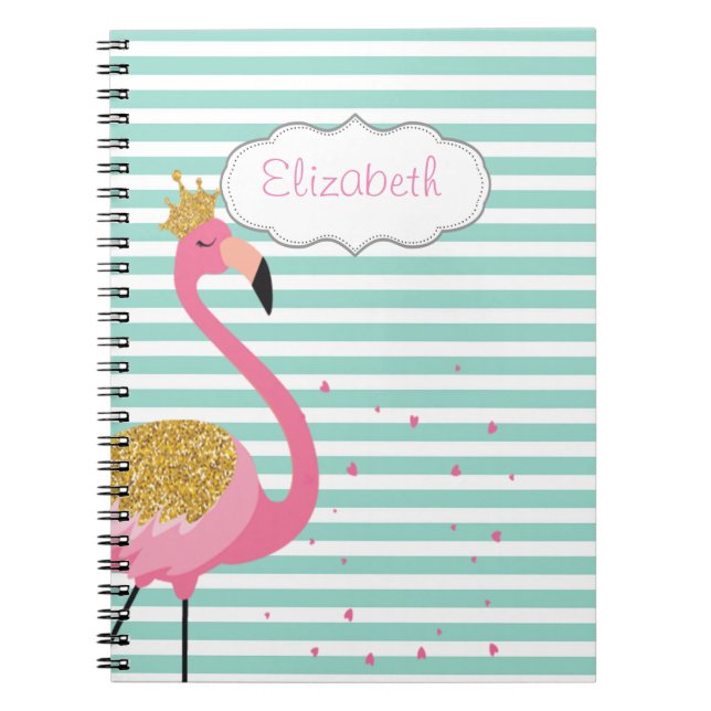 Carnet Flamant Rose Mignon Bandes Vert Menthe et Blanc (Devant)