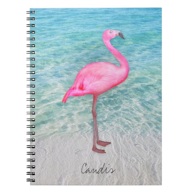Carnet Flamant rose rose personnalisé Plage de sable trop (Devant)