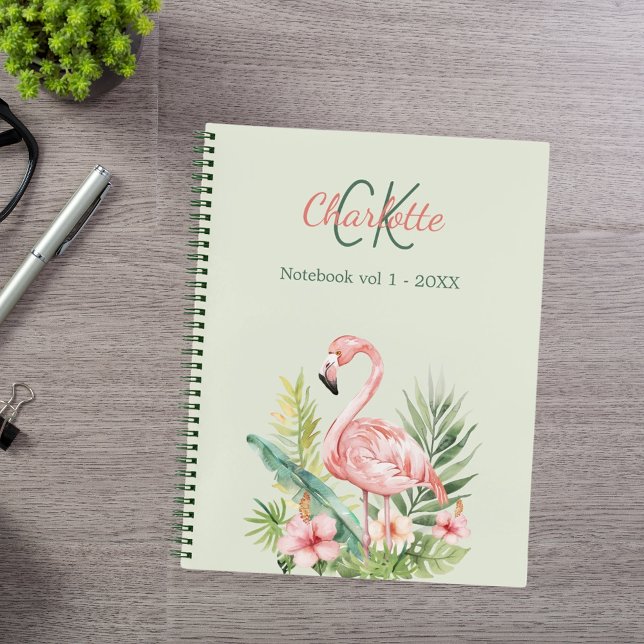 Carnet Flamant rose tropical monogramme vert sauge (Créateur téléchargé)