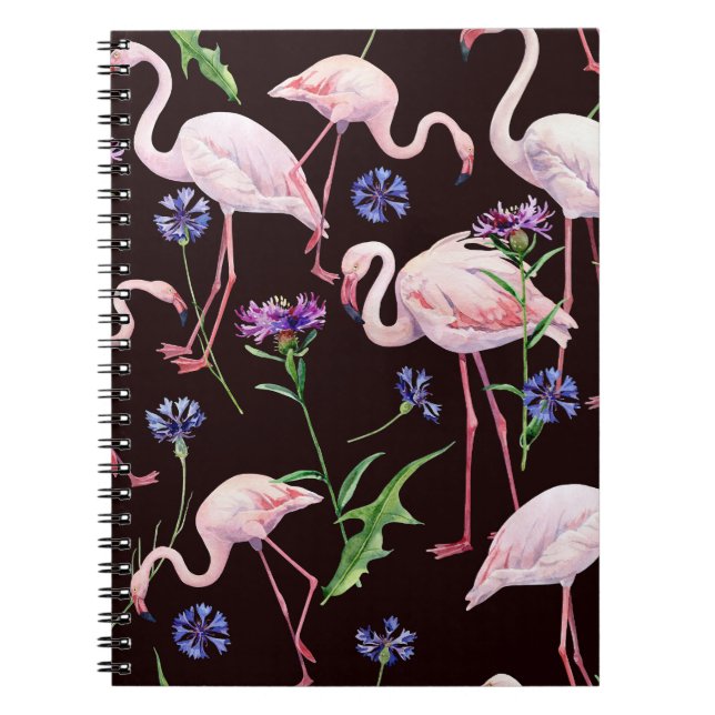 Carnet Flamants d'aquarelle et fleurs sauvages motif. (Devant)