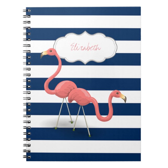 Carnet Flamants roses, rayures bleu marine modernes (Devant)