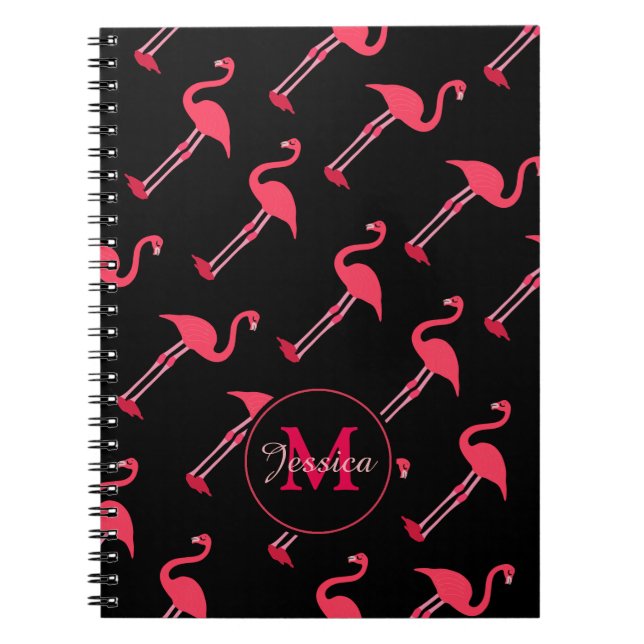 Carnet Flamants roses roses sur Noir Personnalisé (Devant)