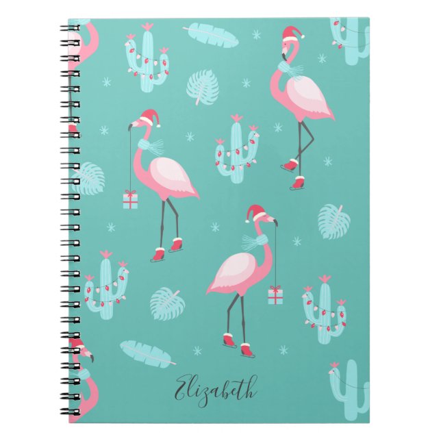 Carnet Flamants roses Santa Hat présente des flocons de n (Devant)