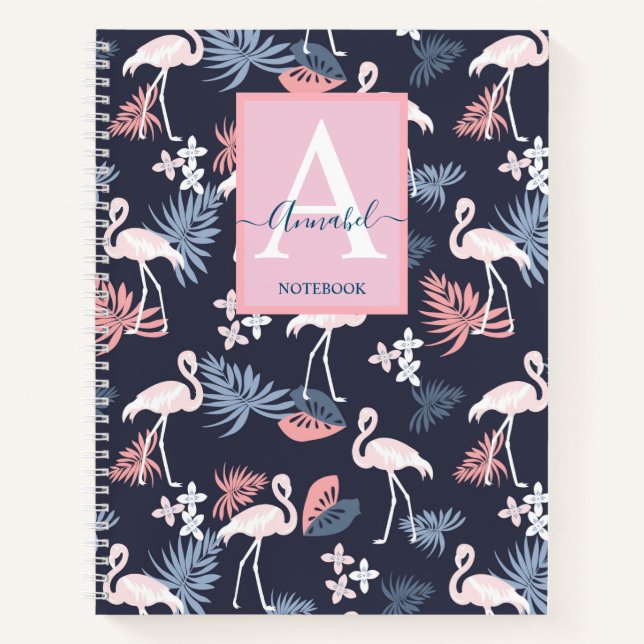 Carnet Flamants roses tropicaux feuilles à motif Monogram (Devant)