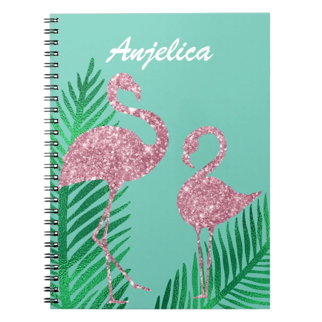 Carnet Flamingo et feuilles de palmier à paillettes rose  (Devant)
