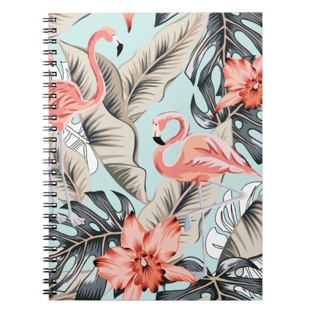 Carnet Flamingo rose tropicale avec fleurs d'orchidées et (Devant)