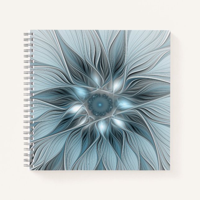 Carnet Fleur abstraite joyeuse bleu gris floral fractal (Devant)