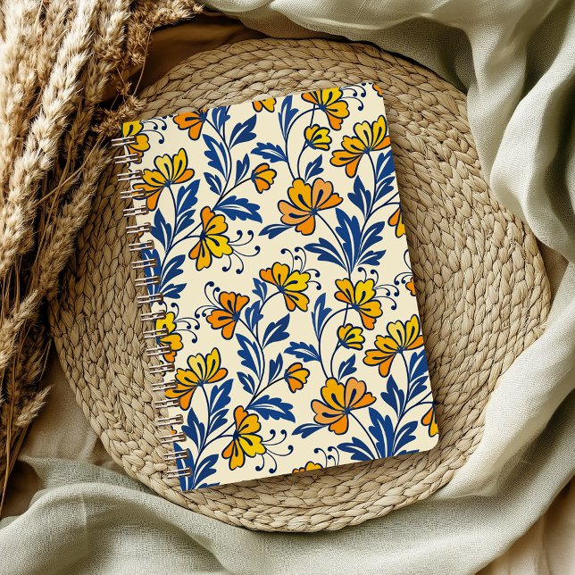 Carnet Fleur Bleue Feuillue de Style Folk Orange Jaune Vi (Créateur téléchargé)