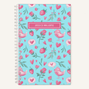 Carnet Fleur d'aquarelle vintage motif oiseaux roses rose