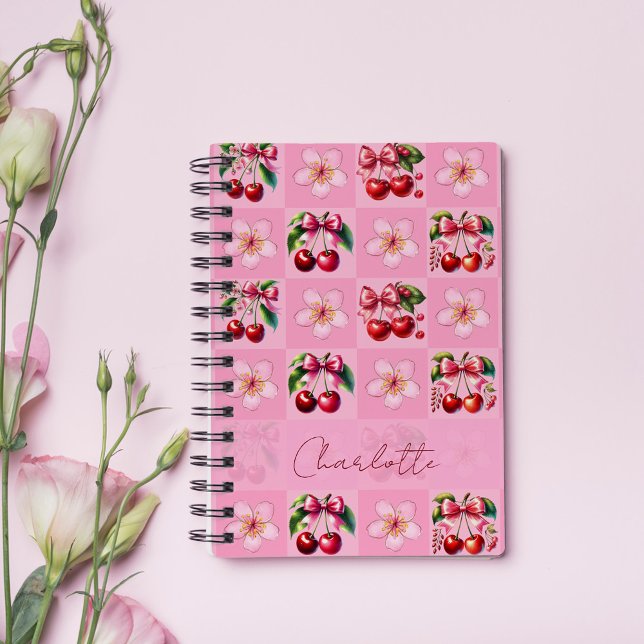 Carnet Fleur de Cerisier Gingham Rose Personnalisée (Créateur téléchargé)