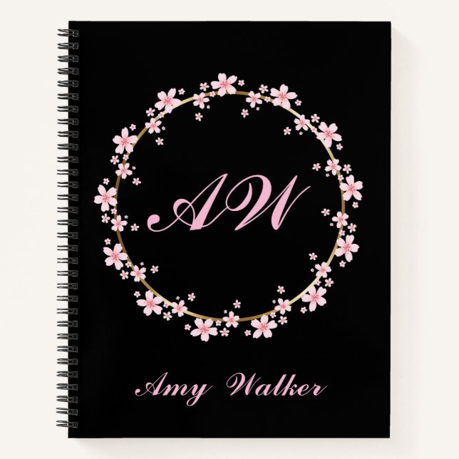 Carnet Fleur de cerisier rose Monogramme Feminine Florale (Devant)