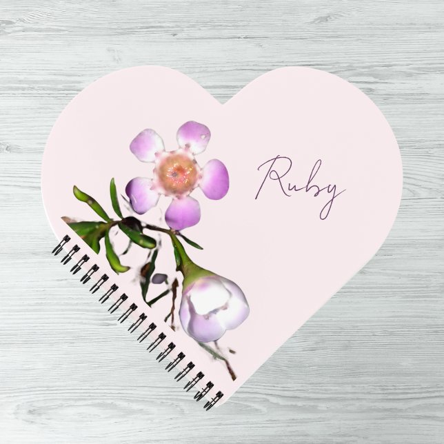 Carnet Fleur de cire en forme de cœur (Heart Shaped spiral notebook with wax flower. Customize the name to yours!)