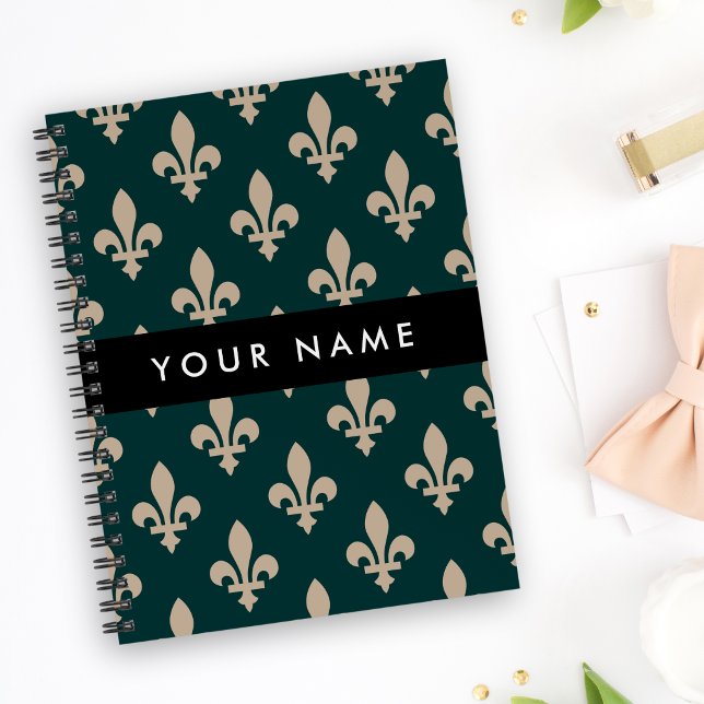 Carnet Fleur de Lis, Beige sur Vert, Royal, Votre Nom (Créateur téléchargé)