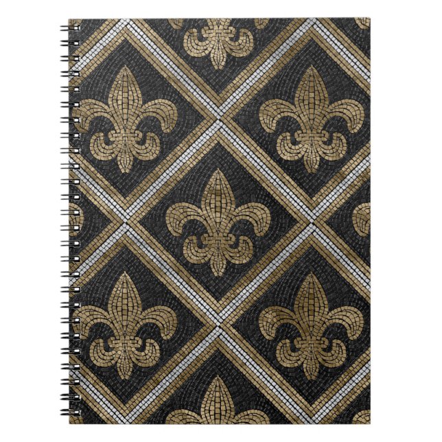 Carnet Fleur-de-lis mosaic tile pattern black and gold (Devant)
