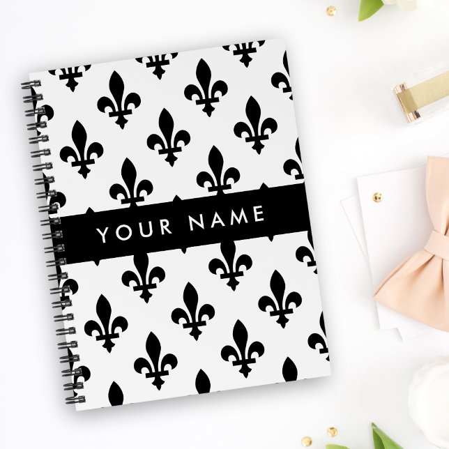 Carnet Fleur de Lis, Noir sur Blanc, Noir, Votre Nom (Créateur téléchargé)