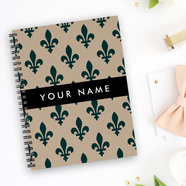 Carnet Fleur de Lis, Vert sur Beige, Royal, Votre Nom (Créateur téléchargé)
