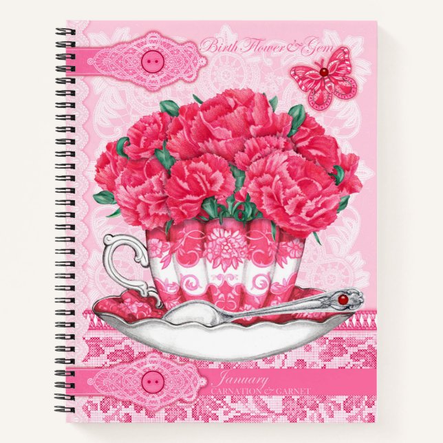 Carnet Fleur de naissance et Gem Janvier Lace Grand (Devant)