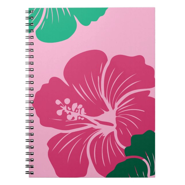 Carnet Fleur d'Hibiscus Rose Chaud avec Feuilles Vertes (Devant)