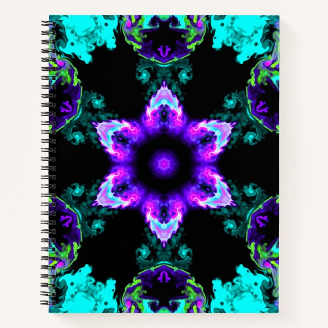 Carnet Fleur d'hippie psychédélique violet Turquoise et n (Devant)