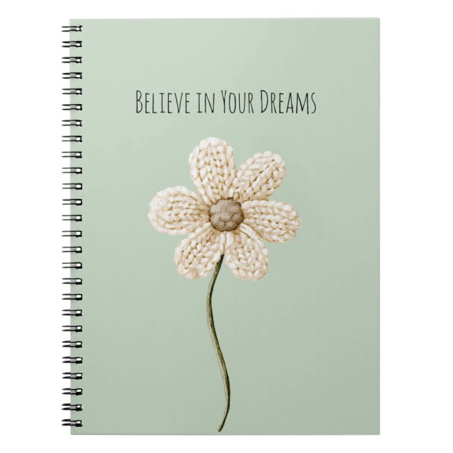Carnet Fleur en faux tricot vert menthe et crème (Devant)