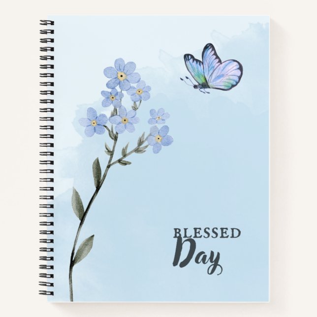 Carnet Fleur et papillon bleu clair Aquarelle douce (Devant)