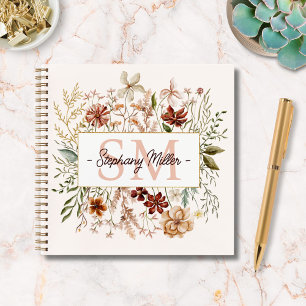 Carnet Fleur Florale Élégante Monogramme Aquarelle Automn