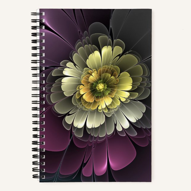 Carnet Fleur fractale grise de pourpre moderne abstraite (Recto)