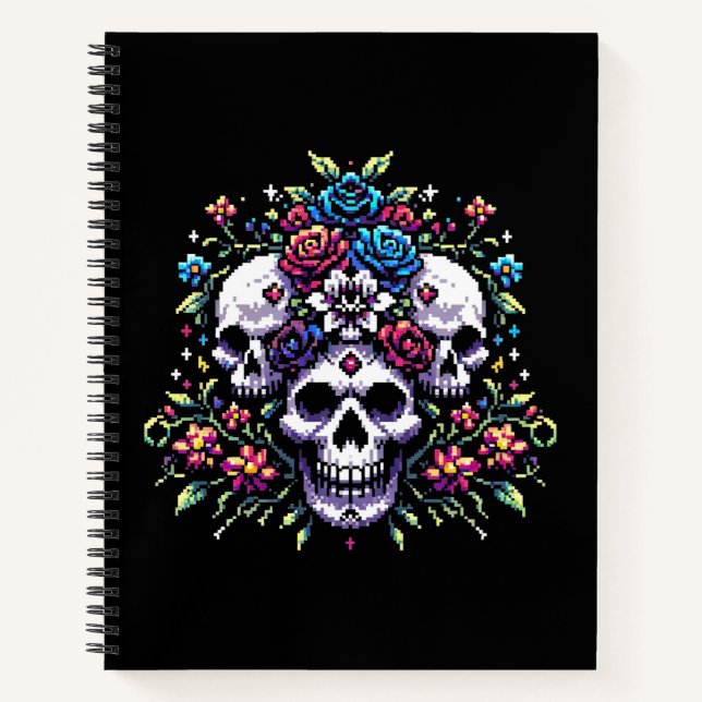 Carnet Fleur gothique - Mystique floral crâne Pixel Art (Devant)
