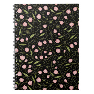 Carnet Fleur mignonne, rose sur noir avec motif répétitif