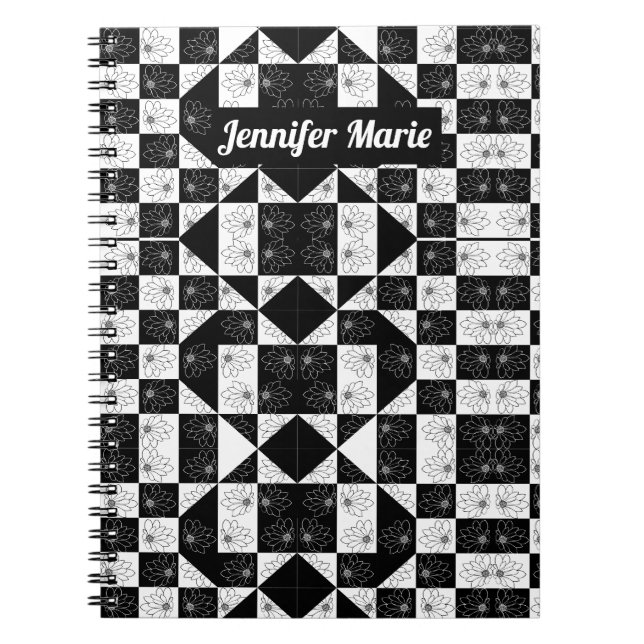 Carnet Fleur Moderne Noir & Blanc Damier Nom Personnalisé (Devant)