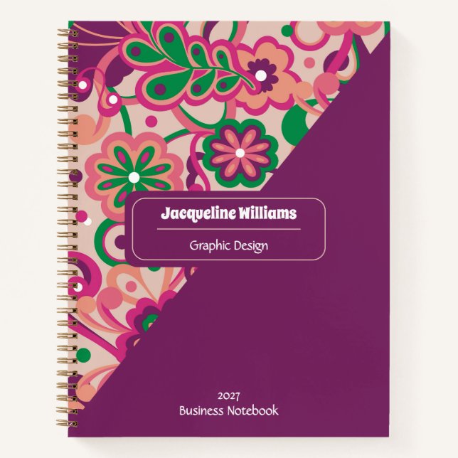 Carnet Fleur Psychedelique Groovy Prune 60 70  (Devant)