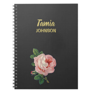 Carnet Fleur rose nom personnalisé gris