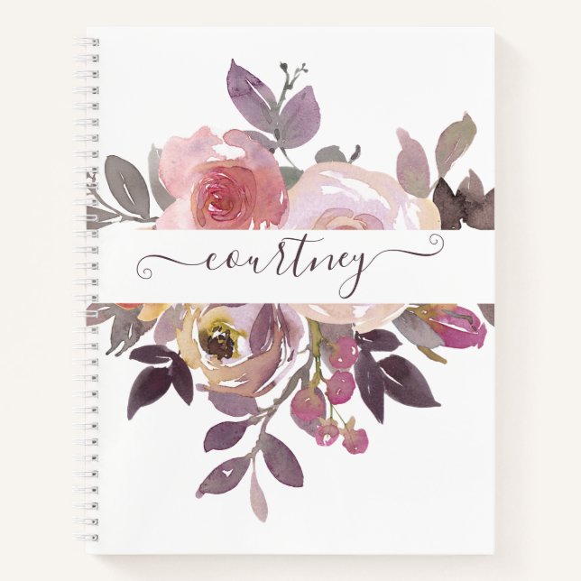 Carnet Fleur rose pastel et violet personnalisée (Devant)