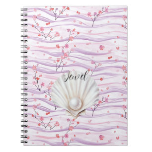 Carnet Fleur rose rayures violettes coquille perle