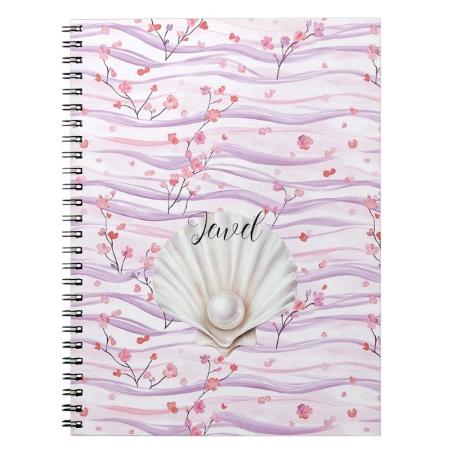 Carnet Fleur rose rayures violettes coquille perle (Devant)