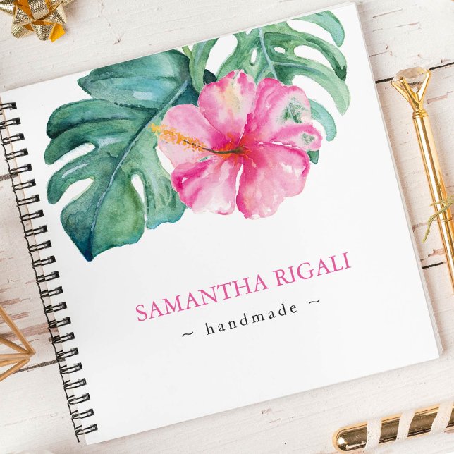 Carnet Fleur rose tropicale et verdure Personnalisé (Personalized notebook pink hibiscus flower art by Victoria Grigaliunas Do Tell A Belle)