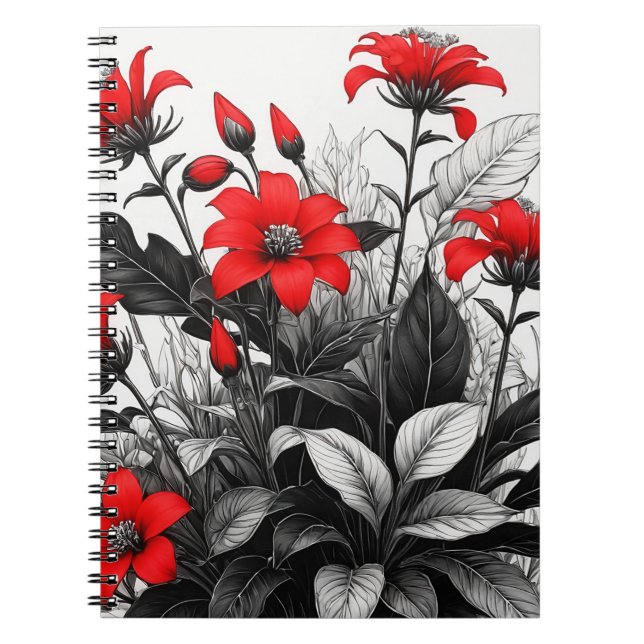 Carnet Fleur rouge sur Plante noir blanc (Devant)