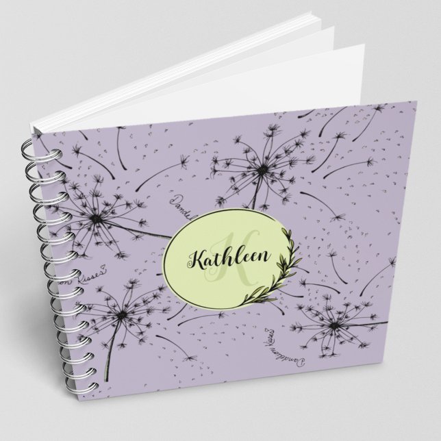 Carnet Fleur Sauvage Violette Délicate Baisers de Pissenl (Beautiful hand-drawn Dandelion blowing kisses into the wind (tiny hearts). Choose lined/blank pages)